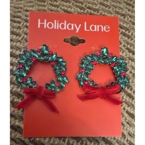 Holiday  Lane Wreath Earrings Post‎ Red & Green, Velvet Bows NEW Macy's